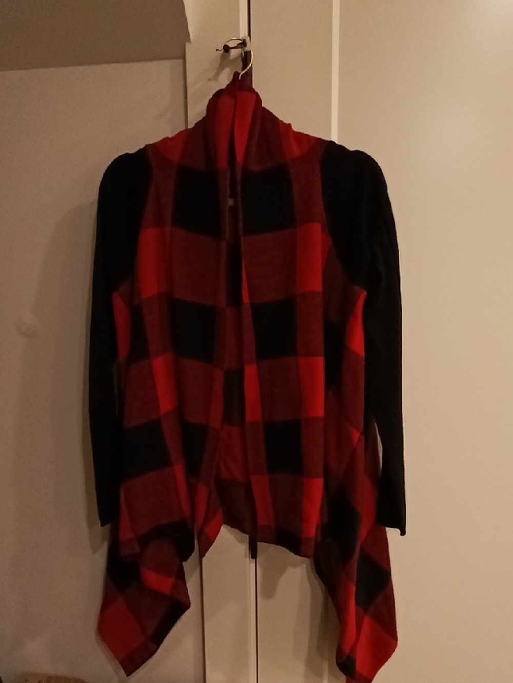 Torrid Red and Black Buffalo Plaid Open-Front Waterfall Cardigan